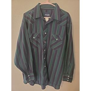 VTG 90's Wrangler Men's Green Striped Pearl Snap Long Sleeve Shirt Size 18-35